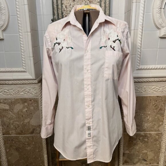 Embroidered "Big Shirt" Pink Mississippi Magnolia Long Sleeve Cotton Poly. B128 - Picture 1 of 6